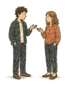 The hand-drawn couple talking comfortably